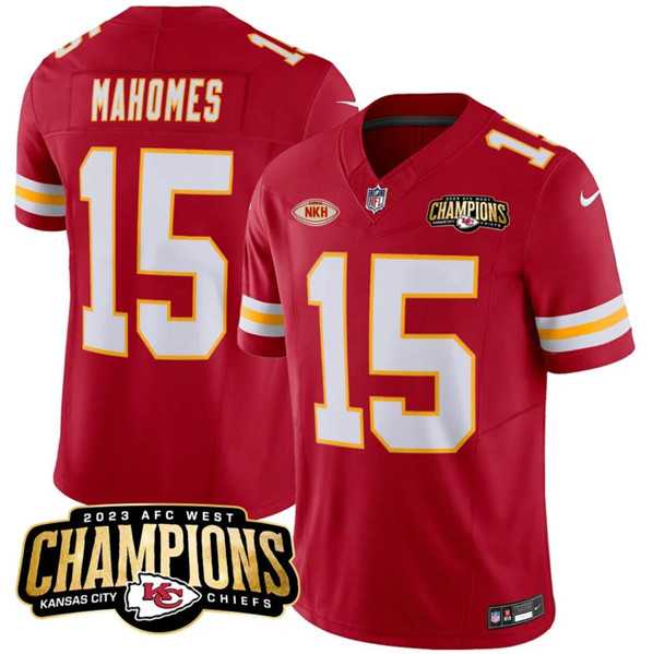 Men & Women & Youth Kansas City Chiefs #15 Patrick Mahomes Red 2023 F.U.S.E. AFC West Champions With NKH Patch Vapor Untouchable Limited Jersey
